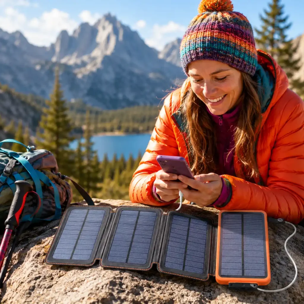 Camper using the Hiluckey Solar Charger 25000mAh with fold-out solar panels to charge a smartphone during a sunny mountain camping trip.