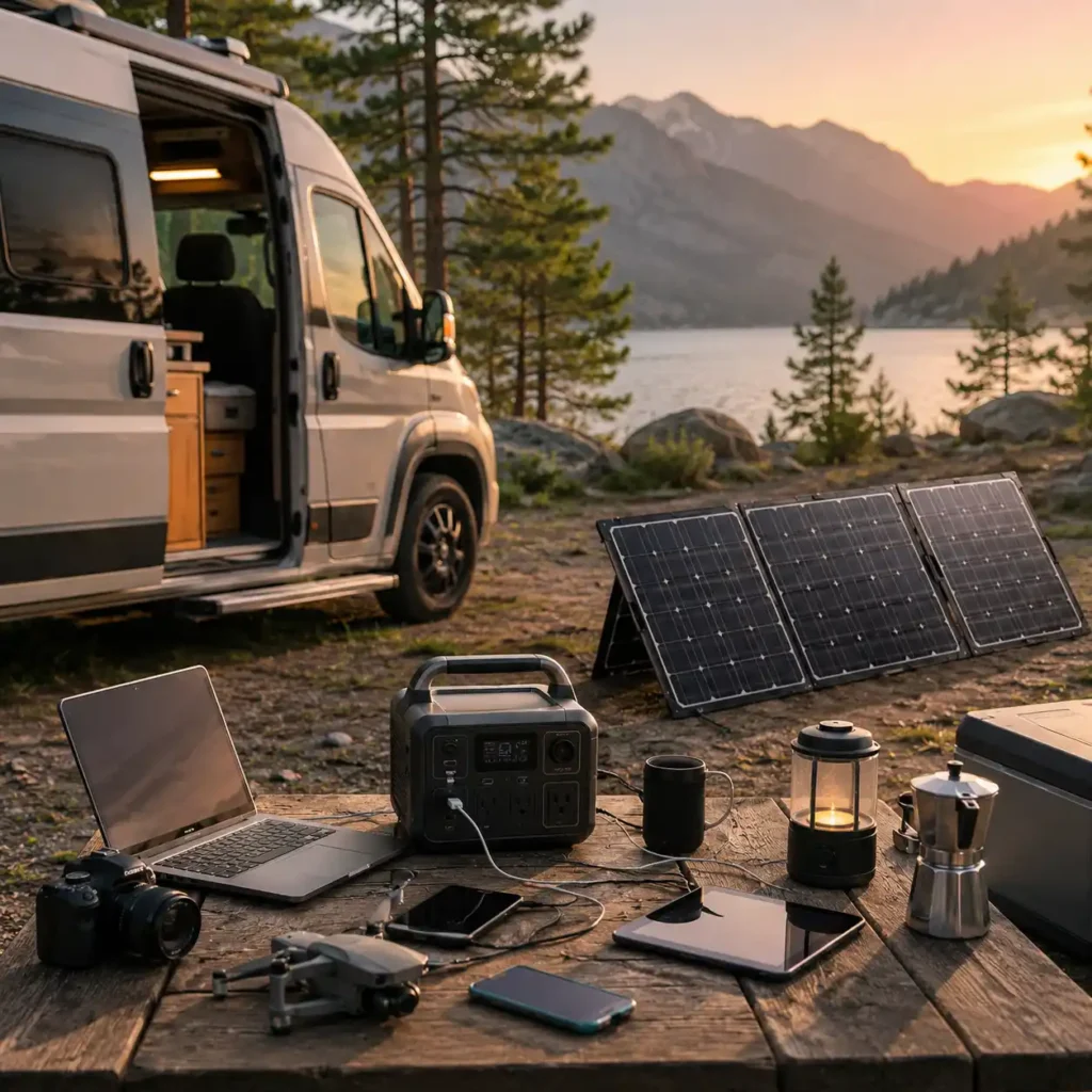 Camper van parked by a mountain lake with flexible solar panels providing renewable energy for off-grid camping and portable power.