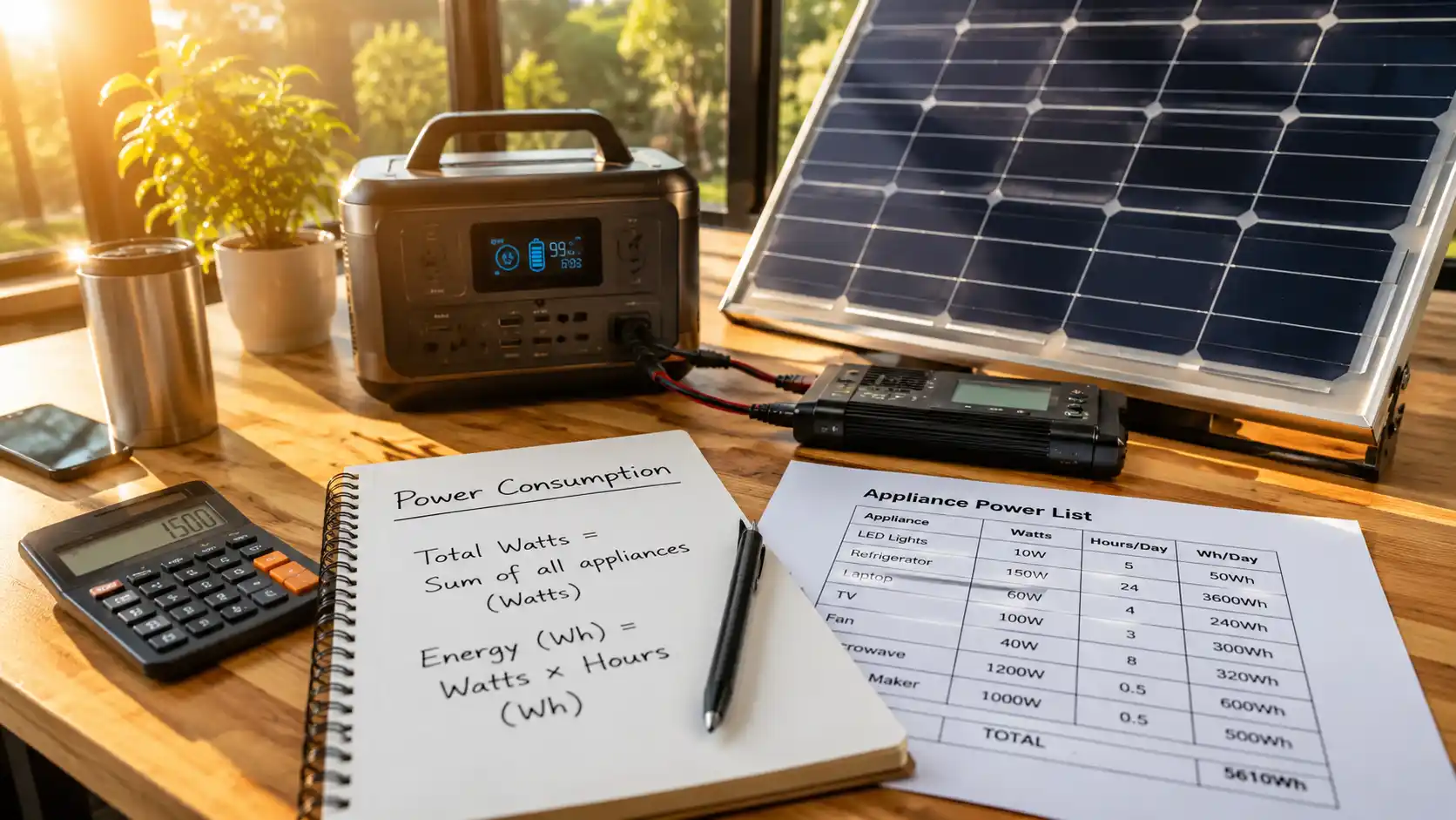 Portable power station, solar panel, calculator, and appliance wattage chart used to calculate home power consumption.