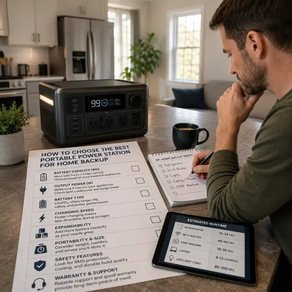 Homeowner comparing key factors when choosing a portable power station for home backup, including battery capacity, output power, runtime, and essential household appliances.