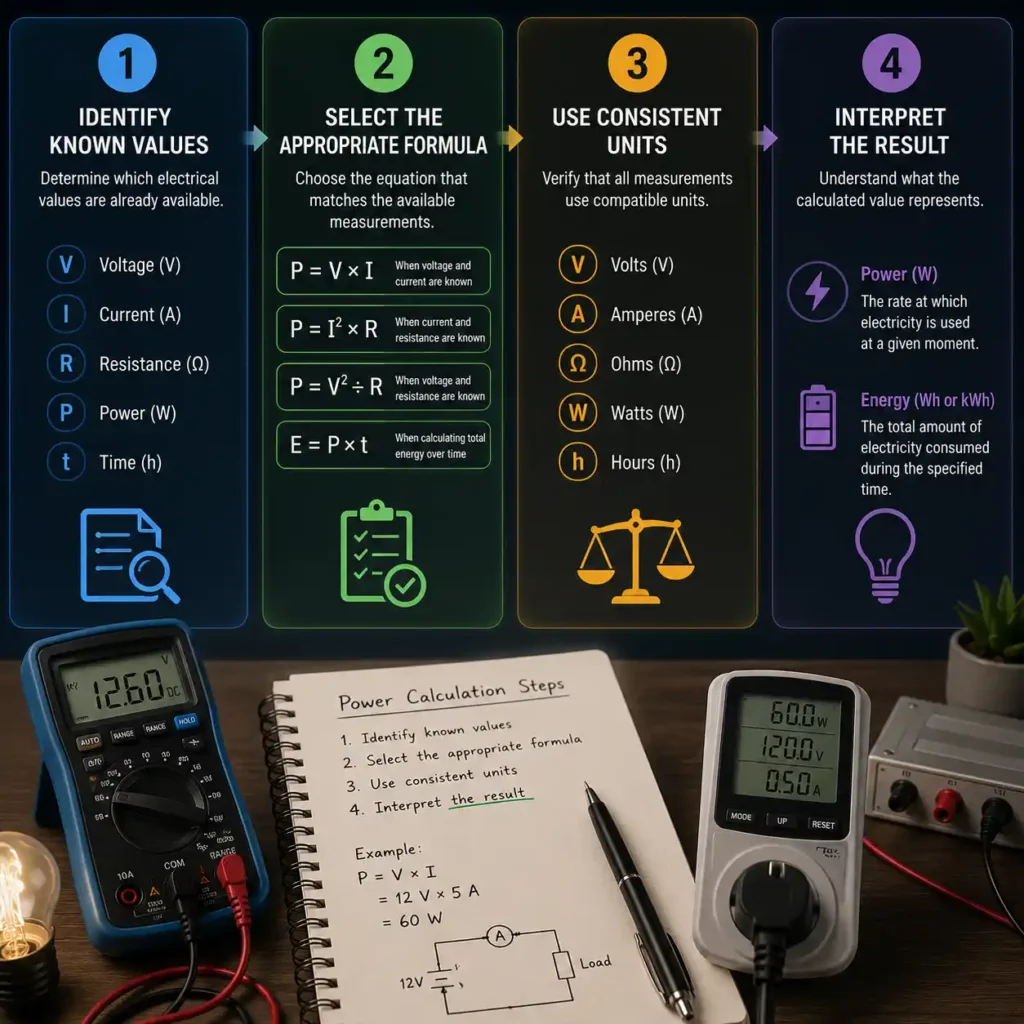 Infographic illustrating the four steps for using the power consumption formula, including identifying known values, selecting the correct equation, using consistent units, and interpreting the results.