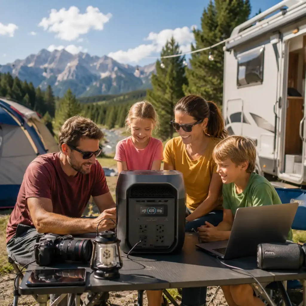 Person evaluating a portable power station at a sunny lakeside campsite with camping gear, solar panel, laptop, and outdoor equipment.