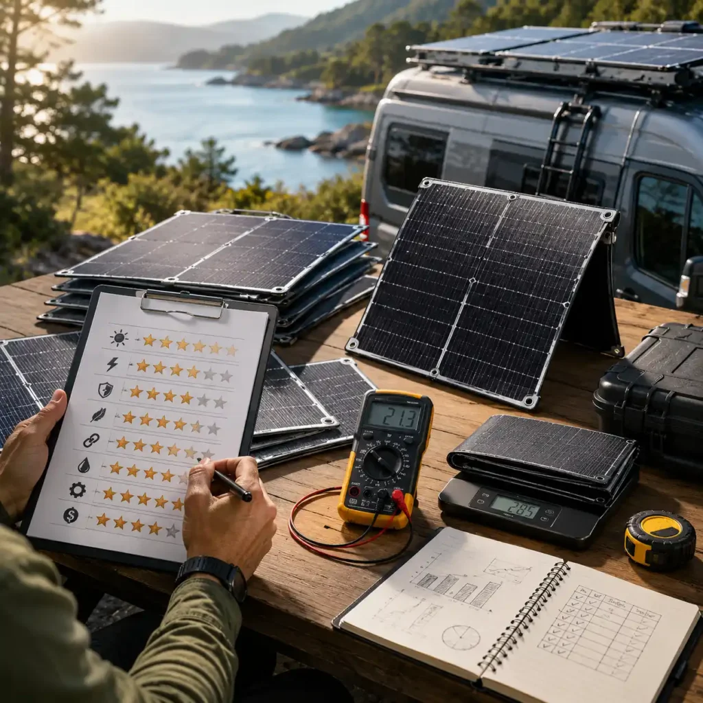 Flexible solar panels being evaluated with testing equipment, performance measurements, and comparison notes in an outdoor off-grid setting.