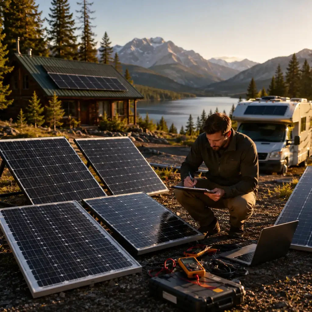 A technician evaluating rigid solar panels installed near an RV and an off-grid cabin in a mountain landscape.