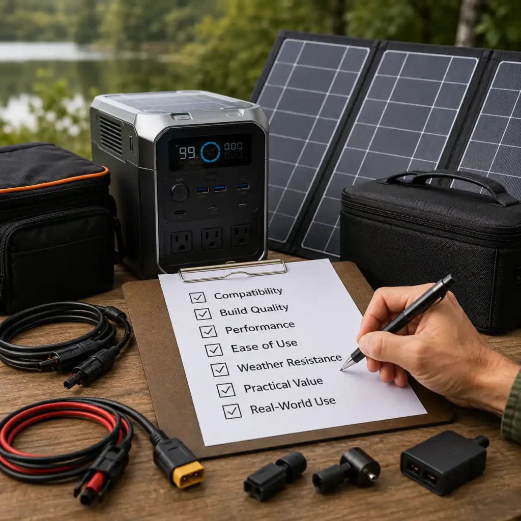 Portable power station accessories arranged for evaluation, including a portable power station, foldable solar panel, charging cables, adapter cables, carrying case, and an evaluation checklist in an outdoor campsite setting.