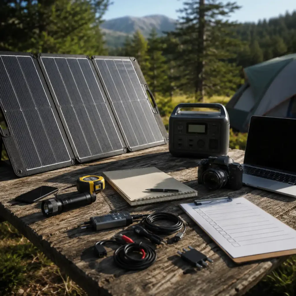 Portable solar panels and camping equipment arranged on an outdoor campsite table during a real-world product evaluation.