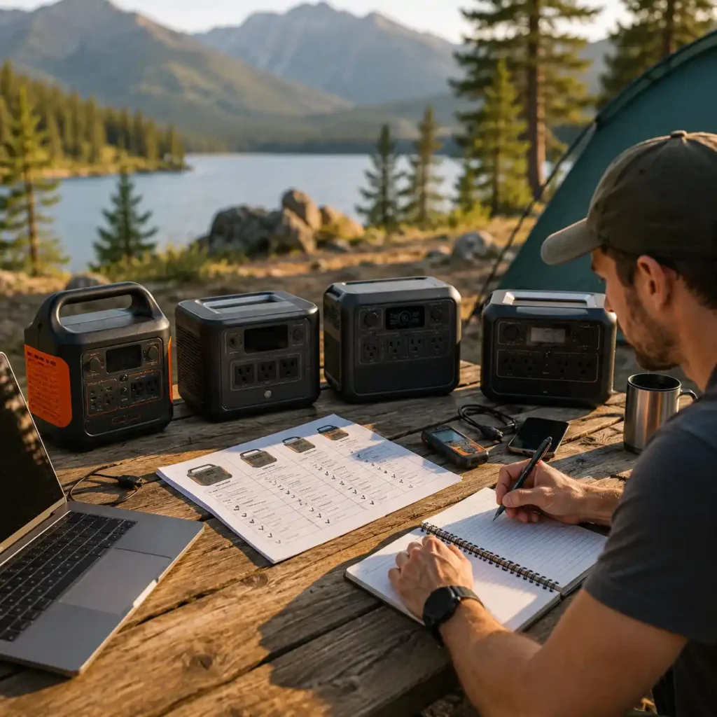 A reviewer evaluating several portable power stations at an outdoor campsite using a laptop, notebook, and testing equipment beside a mountain lake.