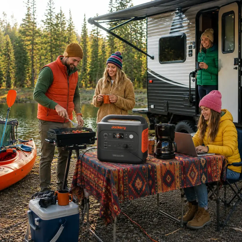 Jackery Explorer 2000 v2 portable power station powering a family campsite beside an RV with cooking equipment, a coffee maker, and a laptop near a forest lake.