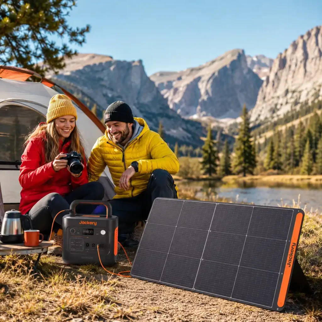 Jackery SolarSaga 100W portable solar panel connected to a Jackery portable power station at a sunny mountain campsite with campers relaxing beside a tent.
