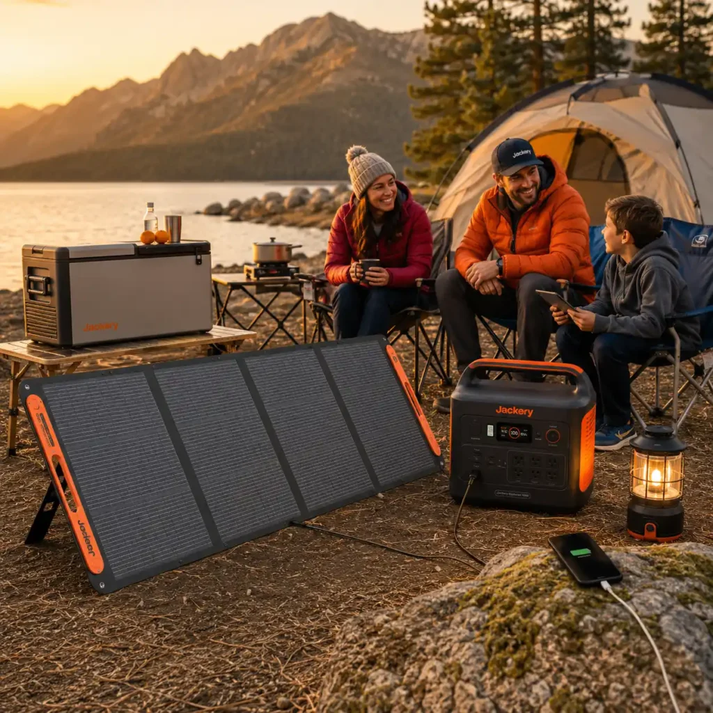 Jackery SolarSaga 200W portable solar panel connected to a Jackery portable power station while powering a camping refrigerator, LED lantern, and charging a smartphone at a family campsite during golden hour.