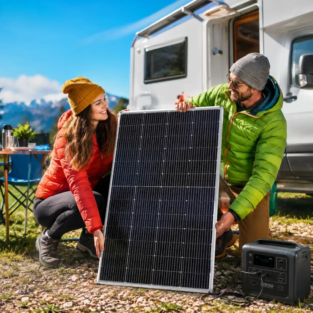 Couple setting up the Newpowa 180W 10BB Monocrystalline Solar Panel next to an RV while preparing an off-grid campsite with a portable power station.
