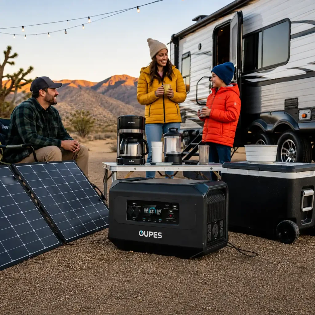 OUPES Mega 2 portable power station powering camping equipment beside a travel trailer with portable solar panels while a family enjoys an RV campsite at sunset.