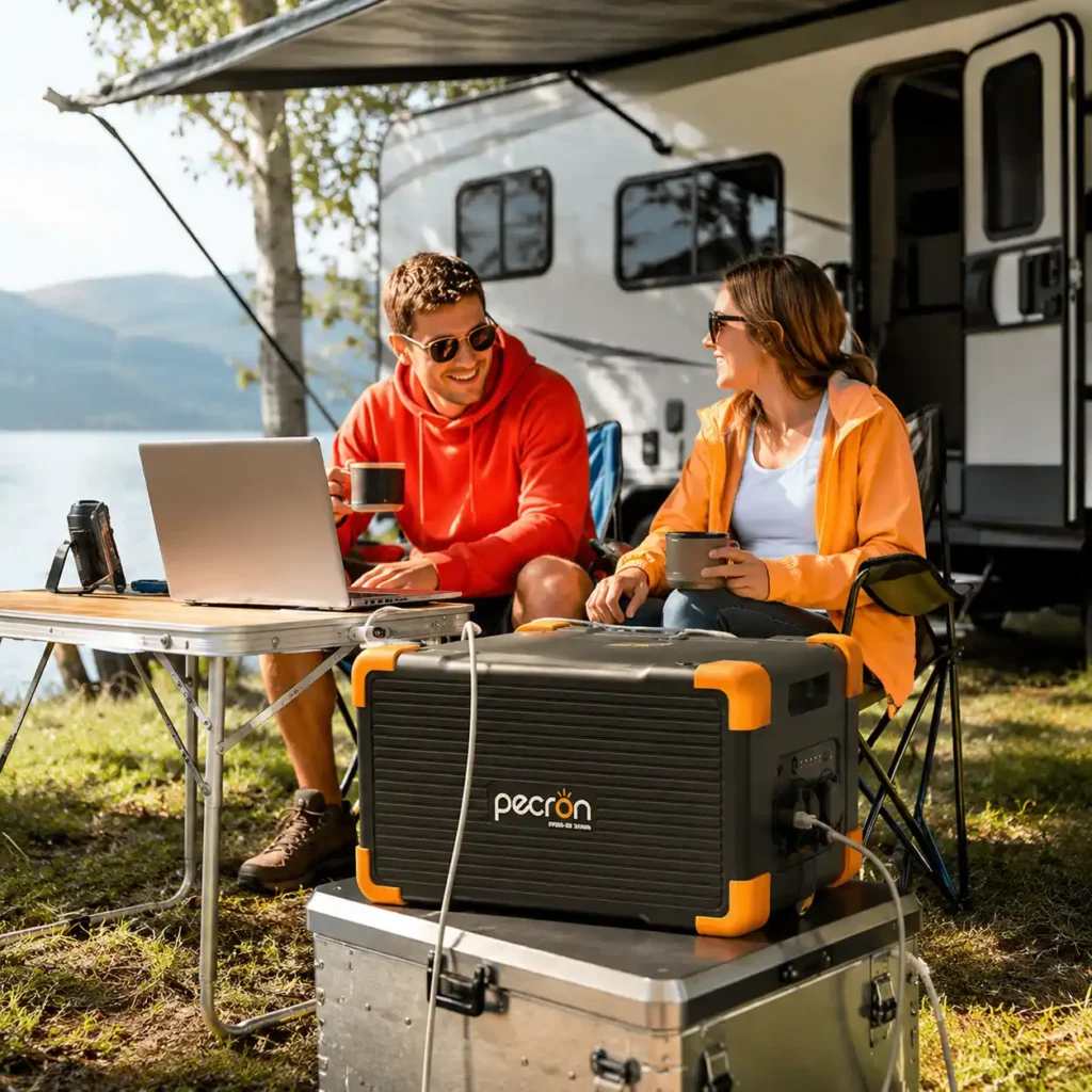 Pecron E1500LFP portable power station powering devices at an RV campsite while two campers relax outdoors by the lake
