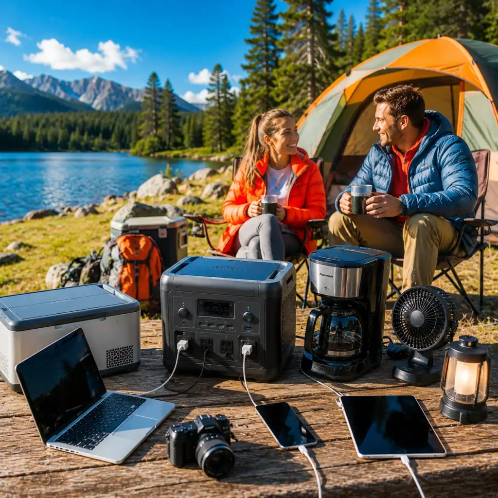 Portable power station powering common camping devices including a laptop, smartphone, portable refrigerator, coffee maker, LED lantern, fan, and camera at a lakeside campsite.