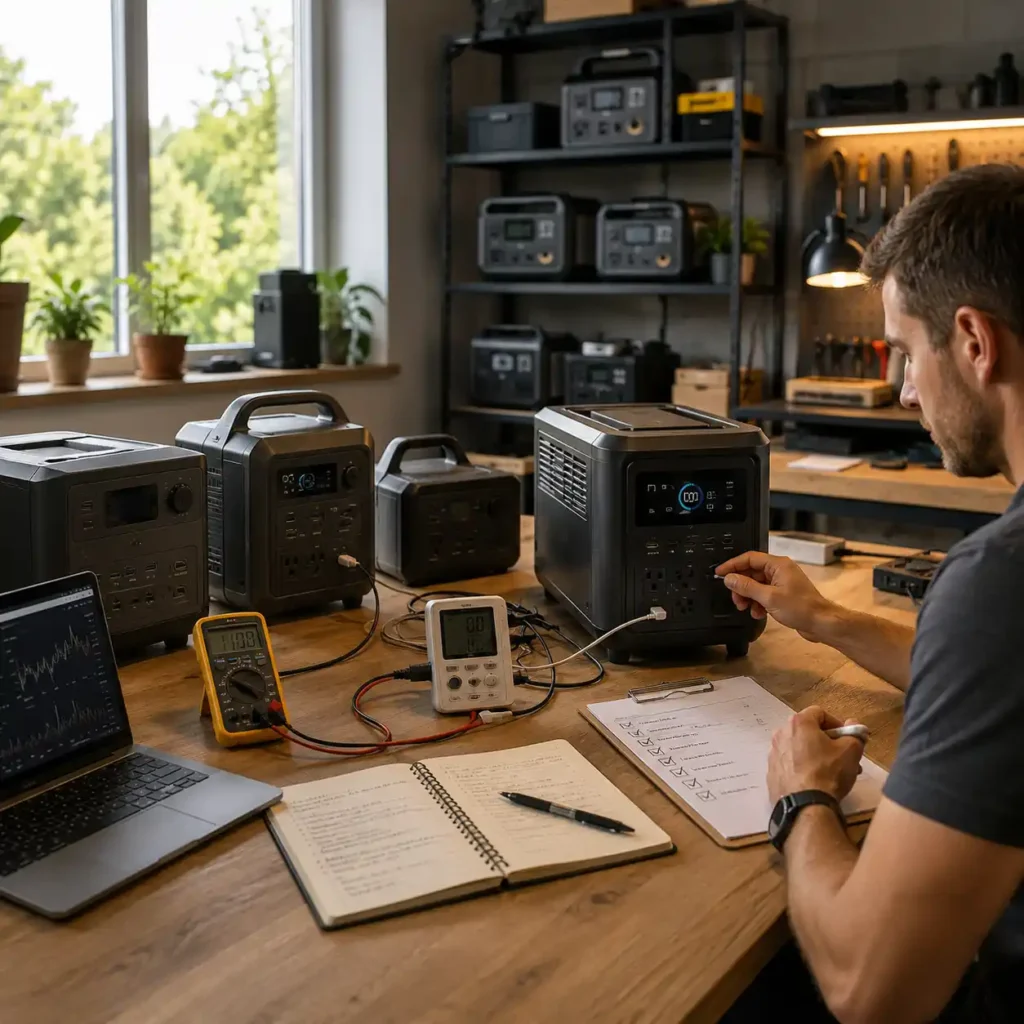 Technician testing portable power stations using measuring equipment to evaluate home backup performance, efficiency, and reliability.