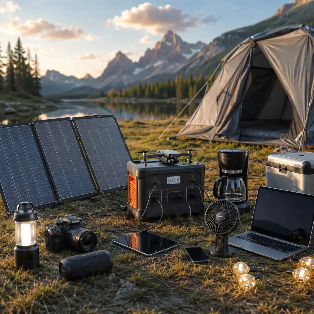 Portable solar panel charging a portable power station while powering camping electronics, including a laptop, lantern, fan, coffee maker, camera, and mobile devices at an off-grid campsite.