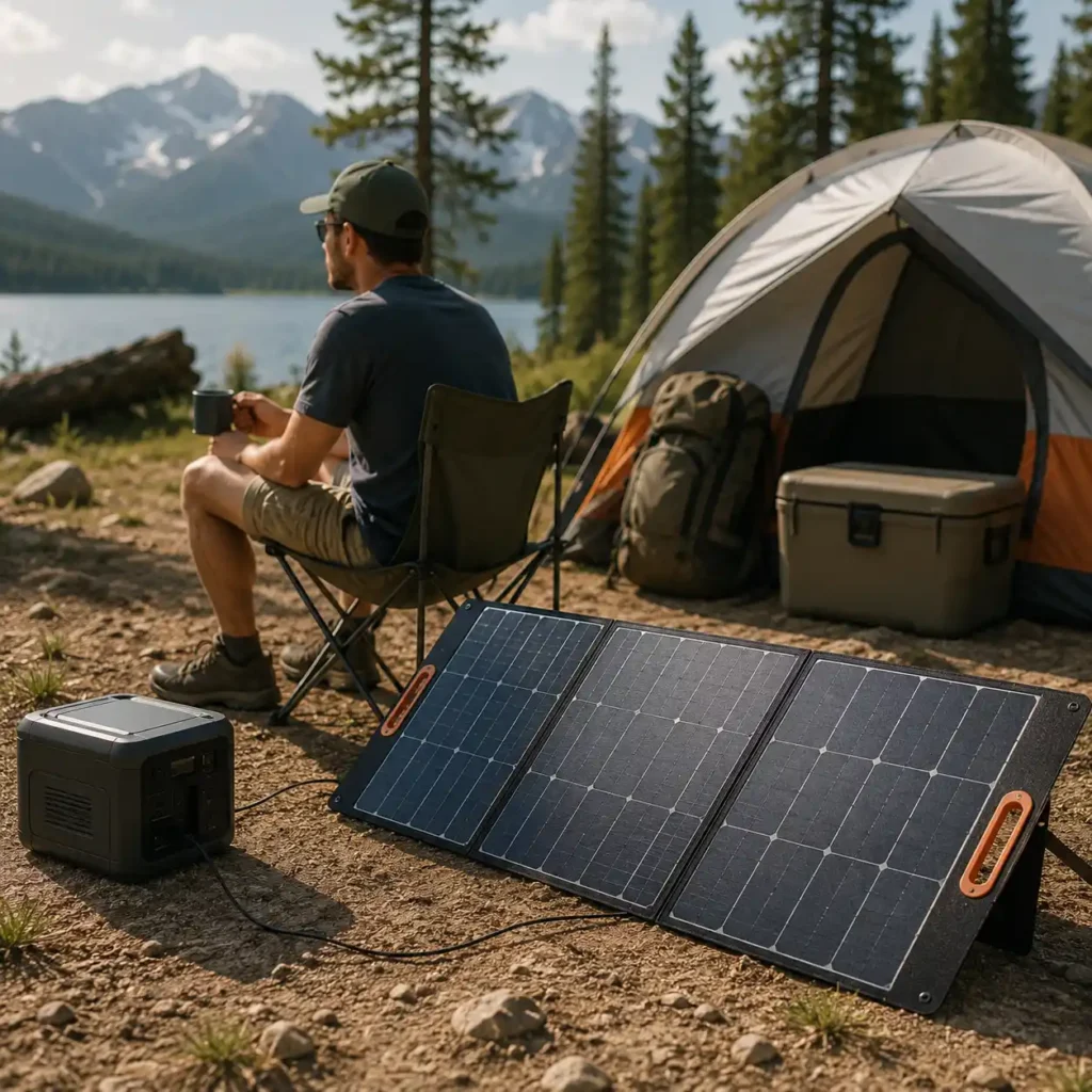 Portable solar panel charging a power station at a mountain campsite, illustrating how solar panel wattage supports off-grid energy needs.