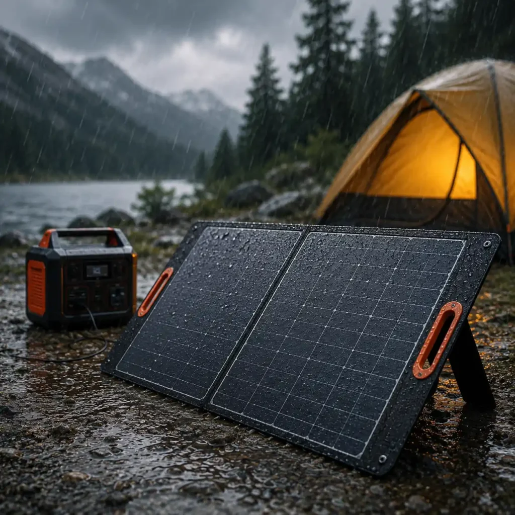 Portable solar panel operating in rainy camping conditions next to a power station and tent, demonstrating weather-resistant outdoor performance.