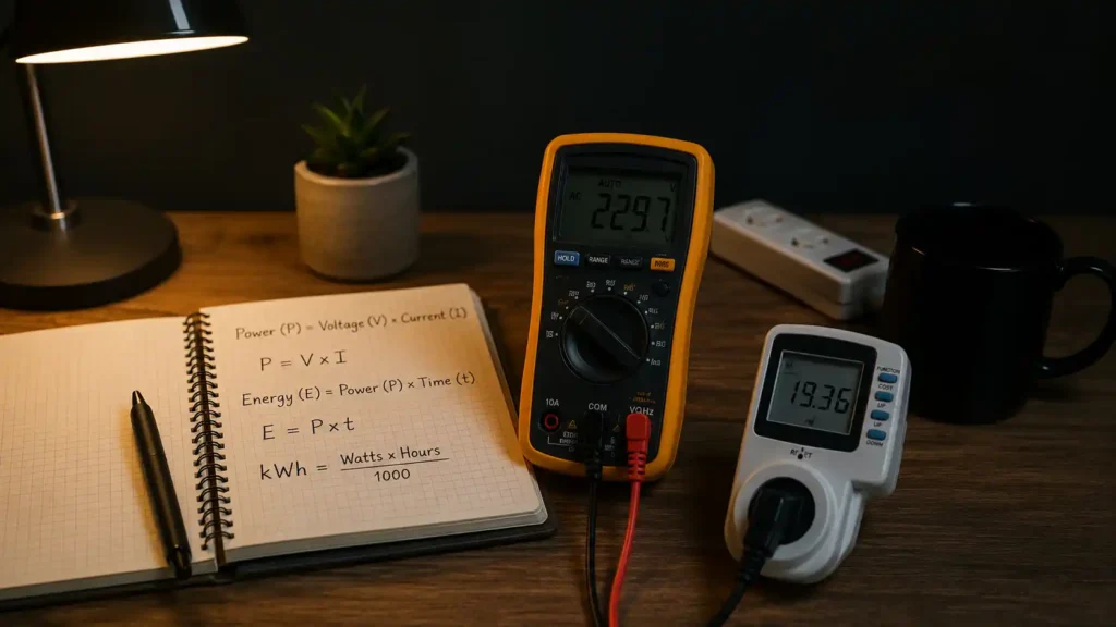 Notebook with power consumption formulas, digital multimeter, and electricity usage meter on a desk illustrating electrical power calculations.