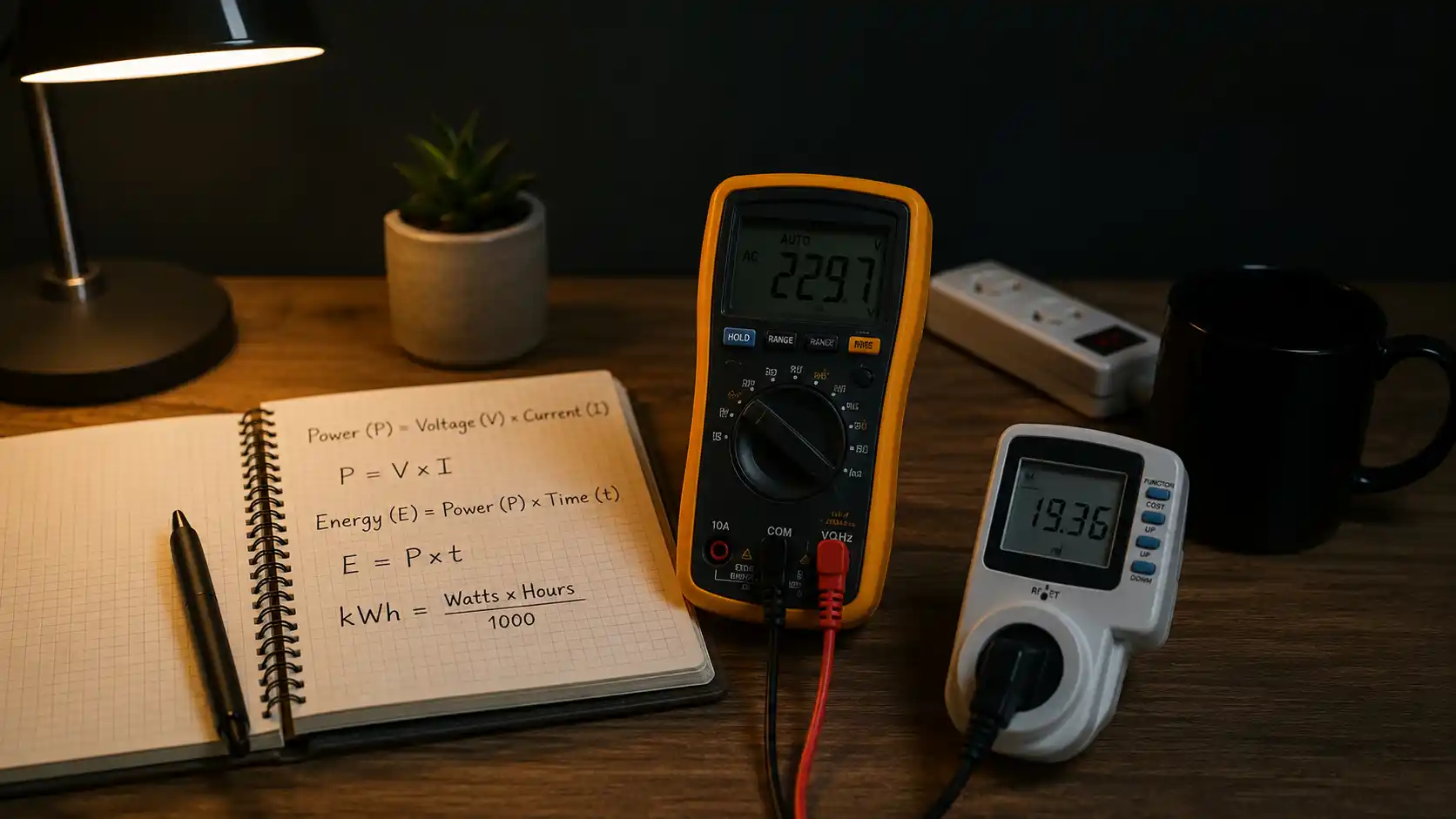 Notebook with power consumption formulas, digital multimeter, and electricity usage meter on a desk illustrating electrical power calculations.