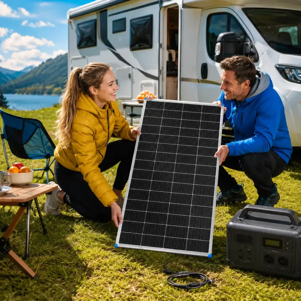 Couple setting up the Renogy 200W N-Type High Efficiency Rigid Solar Panel next to an RV while preparing an off-grid camping setup with a portable power station.