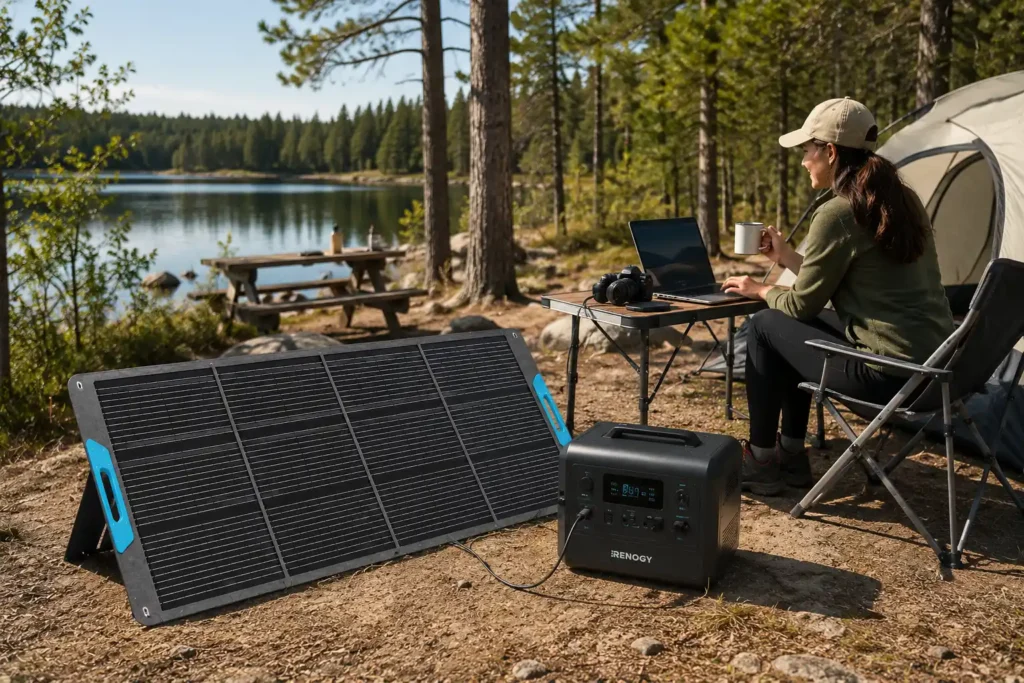 Renogy 200W Portable Solar Panel connected to a portable power station while a camper works on a laptop beside a lakeside tent during a sunny camping trip.