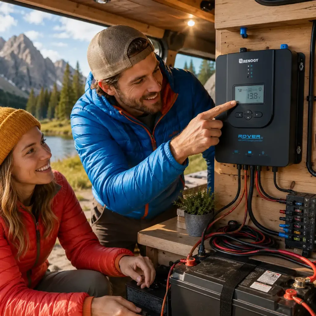Renogy Rover 40A MPPT solar charge controller installed inside a camper van with campers monitoring the charging system during an off-grid camping trip.