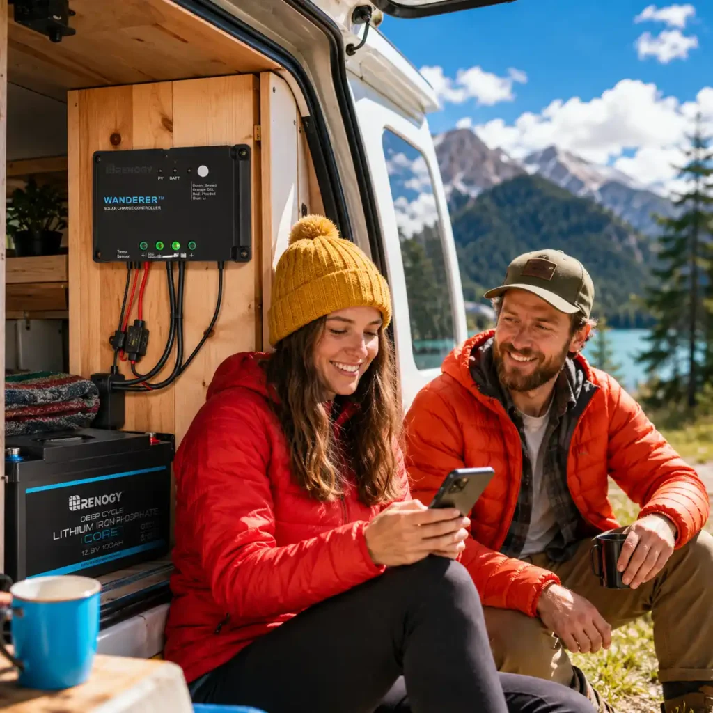 Renogy Wanderer Li 30A PWM solar charge controller installed inside a camper van with users monitoring a 12V off-grid solar system.