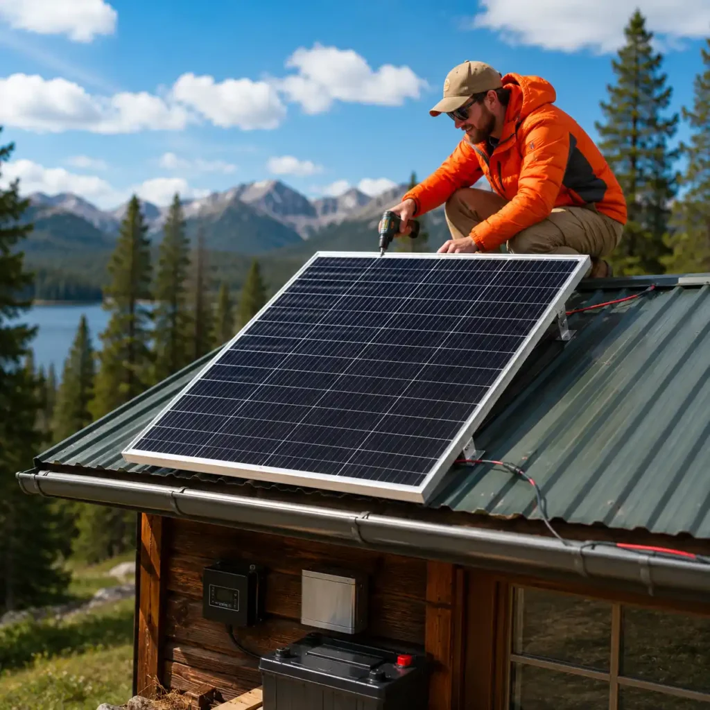 Person installing the Rich Solar MEGA 200 Monocrystalline Solar Panel on the roof of an off-grid cabin overlooking a mountain lake.