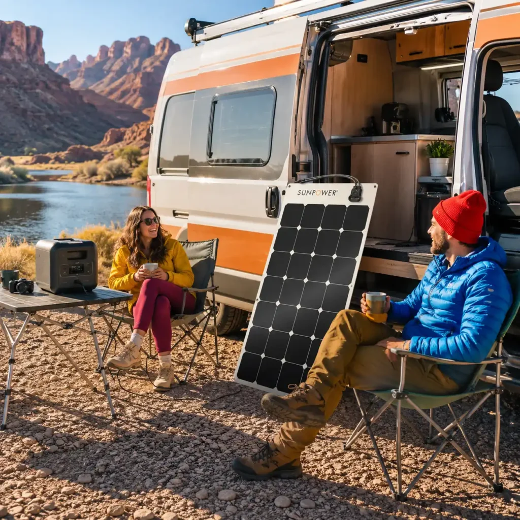 SunPower 110W flexible solar panel powering a portable power station at a lakeside campsite beside a camper van, with two campers relaxing outdoors on a sunny day.