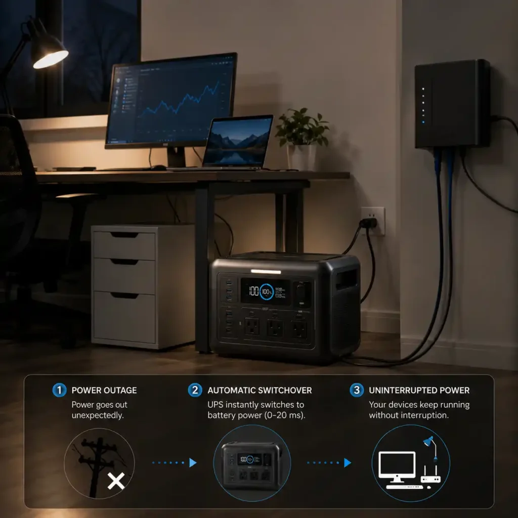 Portable power station with UPS function automatically switching to battery power to keep a desktop computer, monitor, and home office devices running during a power outage.