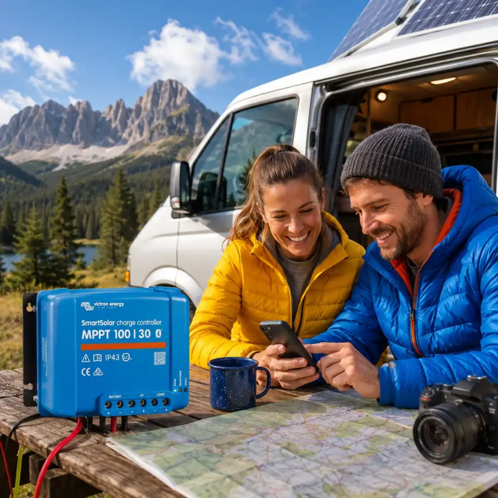 Victron SmartSolar MPPT 100/30 solar charge controller on a camping table beside a camper van, with campers using the VictronConnect app in an off-grid outdoor setting.