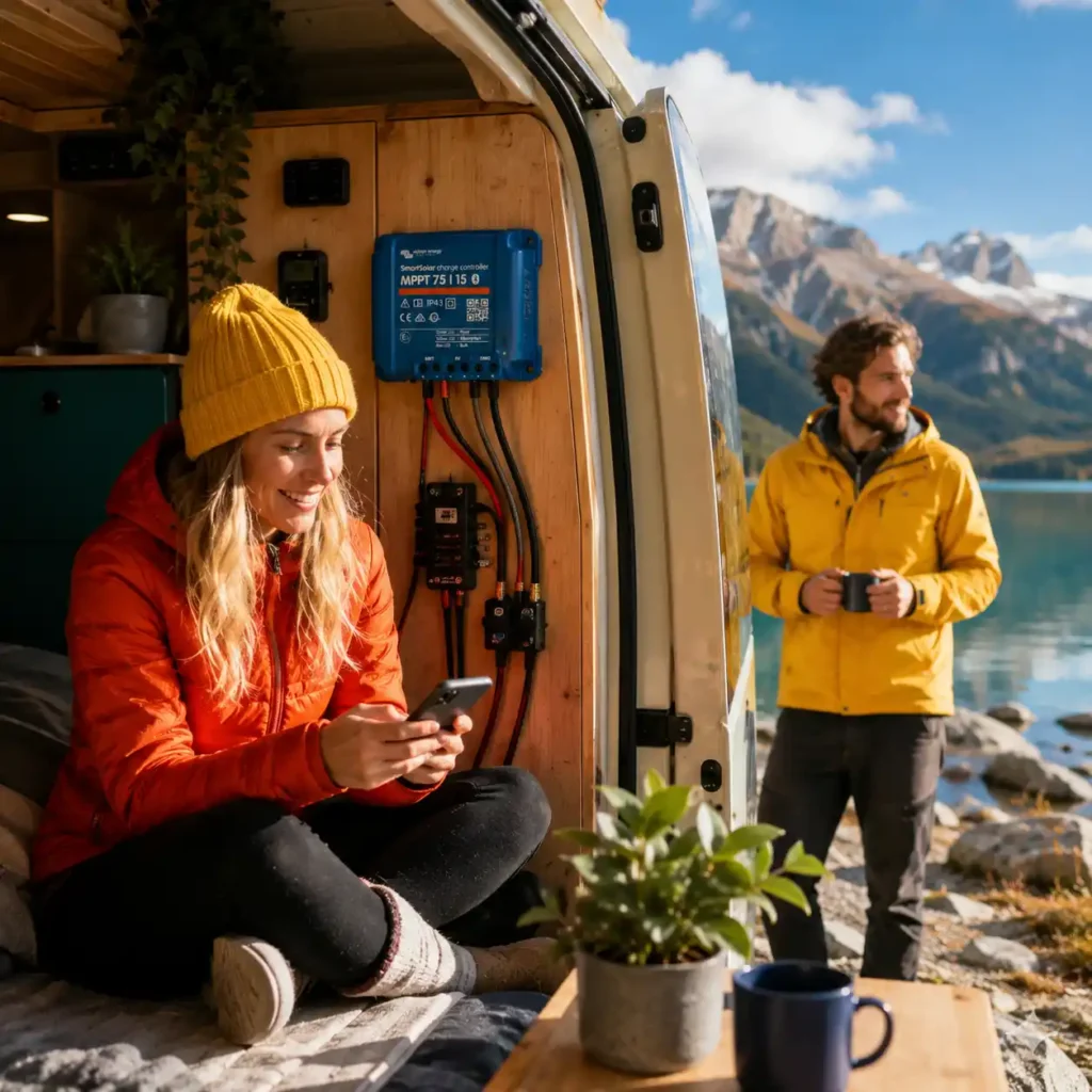 Victron SmartSolar MPPT 75/15 charge controller installed inside a camper van with users monitoring the off-grid solar system using the VictronConnect mobile app.