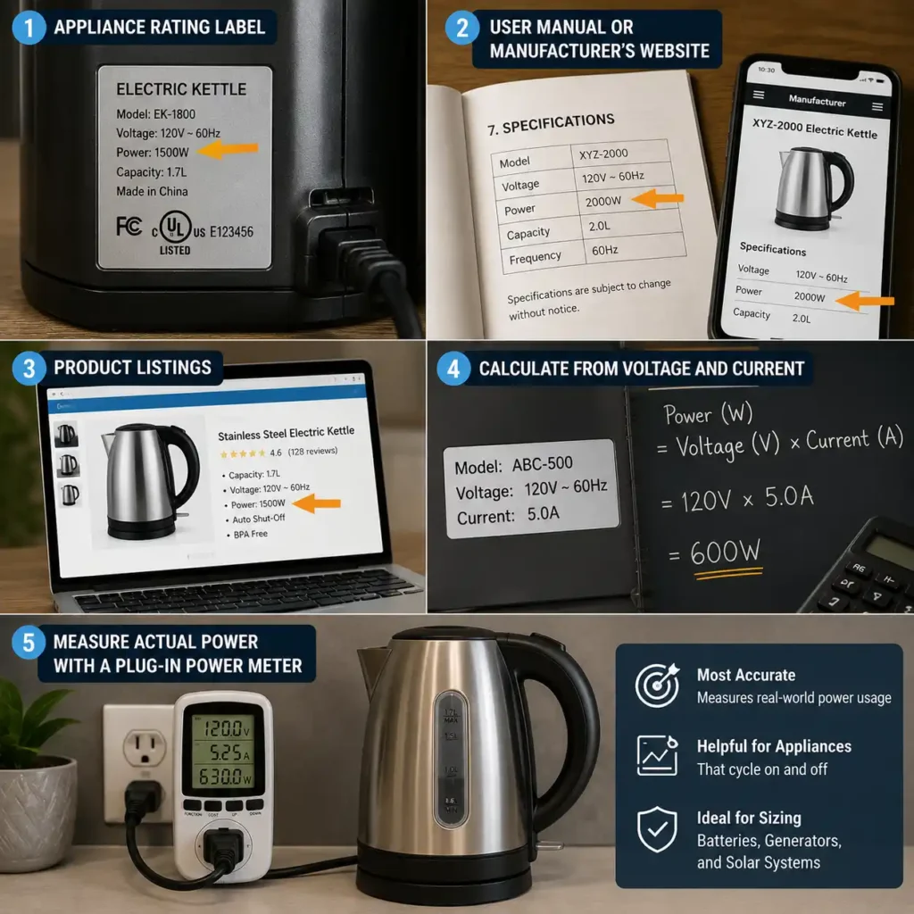 Examples of appliance power ratings shown on a product label, user manual, manufacturer website, product listing, and plug-in power meter for identifying electrical wattage.