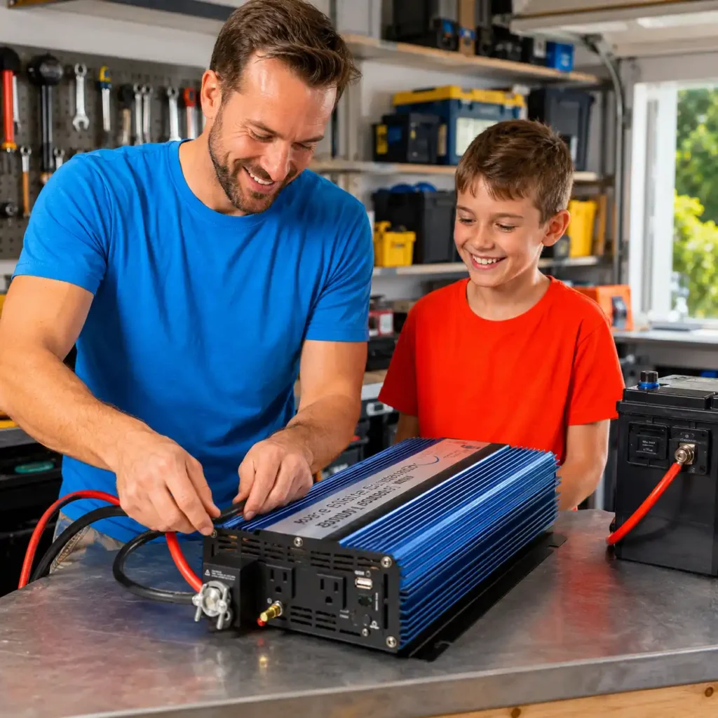 Family connecting an AIMS 3000W 12V Pure Sine Inverter to a residential battery backup system in a bright home workshop