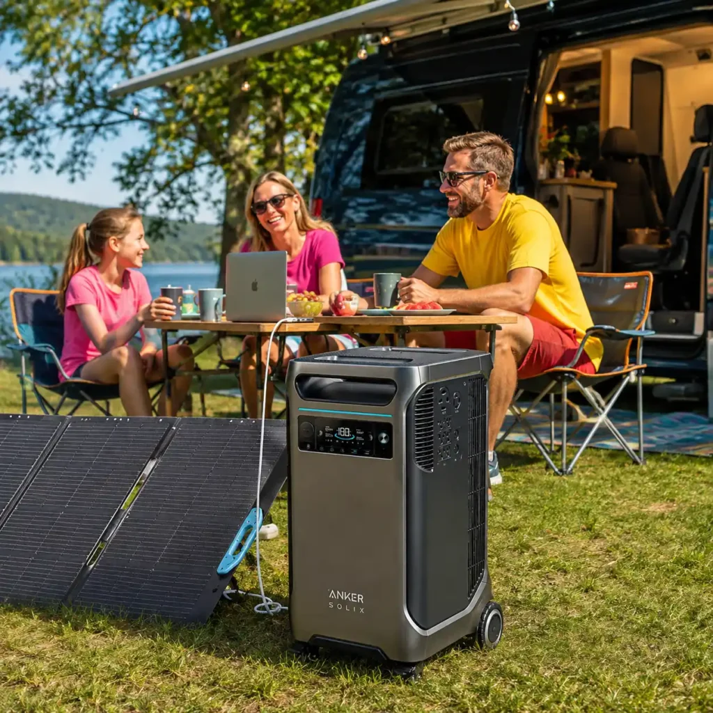 Anker SOLIX F3800 home battery backup system powering household devices during a family gathering outside a modern home with portable solar panels.
