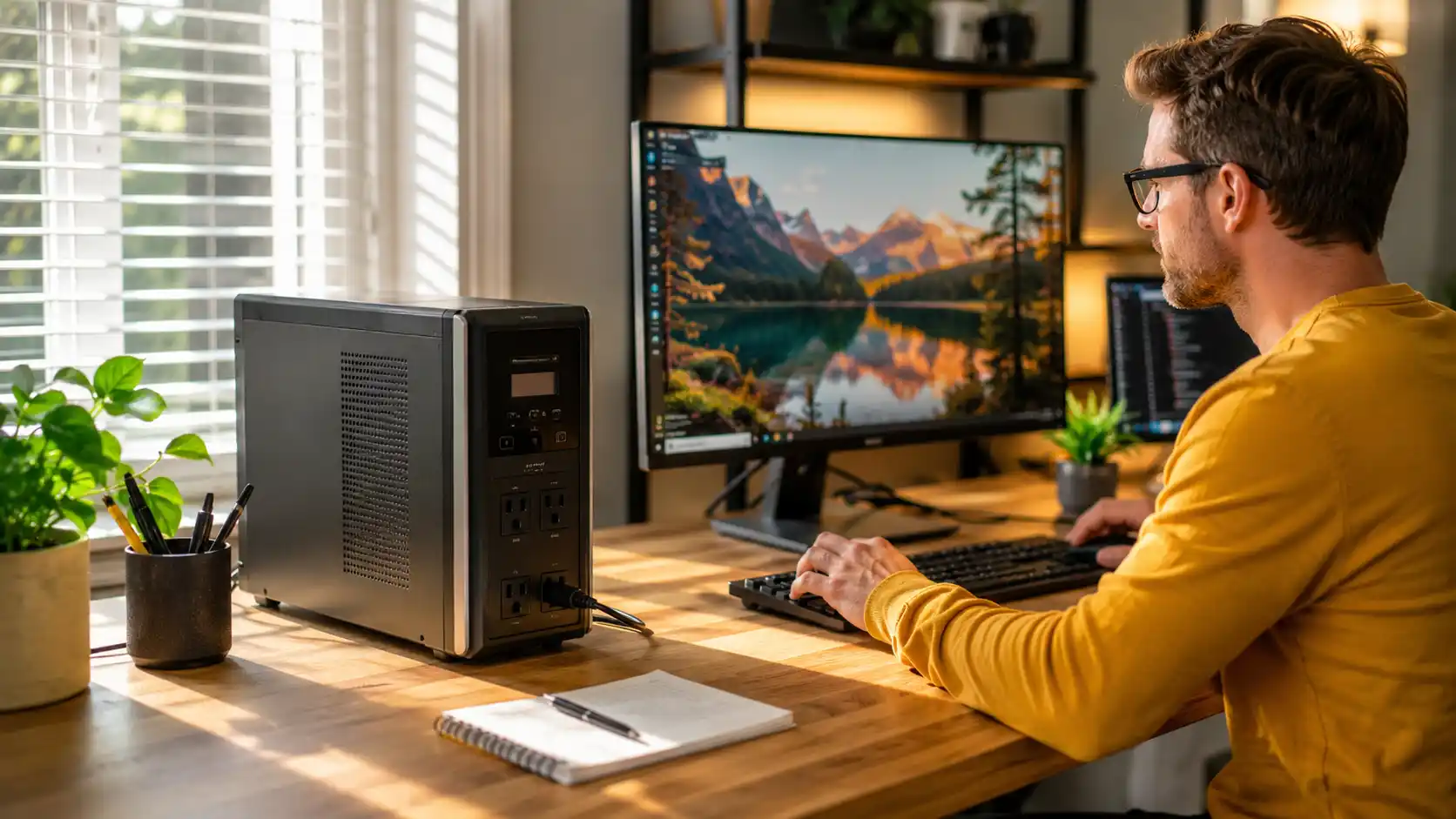 Realistic home office with dual monitors, Wi-Fi router, NAS storage, and UPS battery backup systems protecting computer and networking equipment during a power outage.