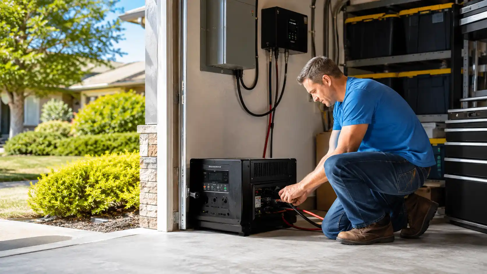 Homeowner installing a pure sine wave power inverter for reliable home backup power in a residential garage