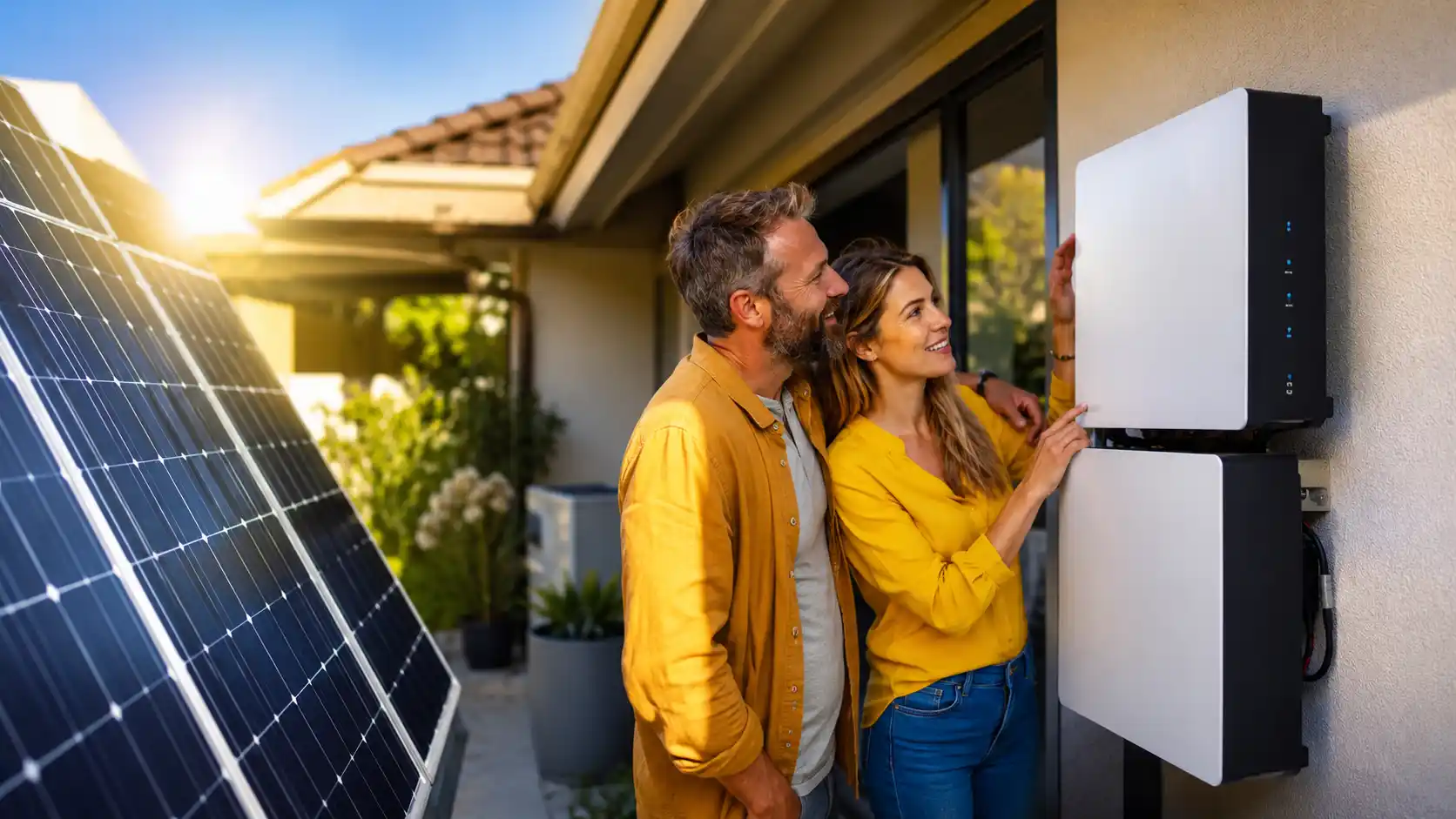 Alt Homeowners inspecting a residential solar battery storage system installed next to rooftop solar panels outside a modern house during a sunny day.
