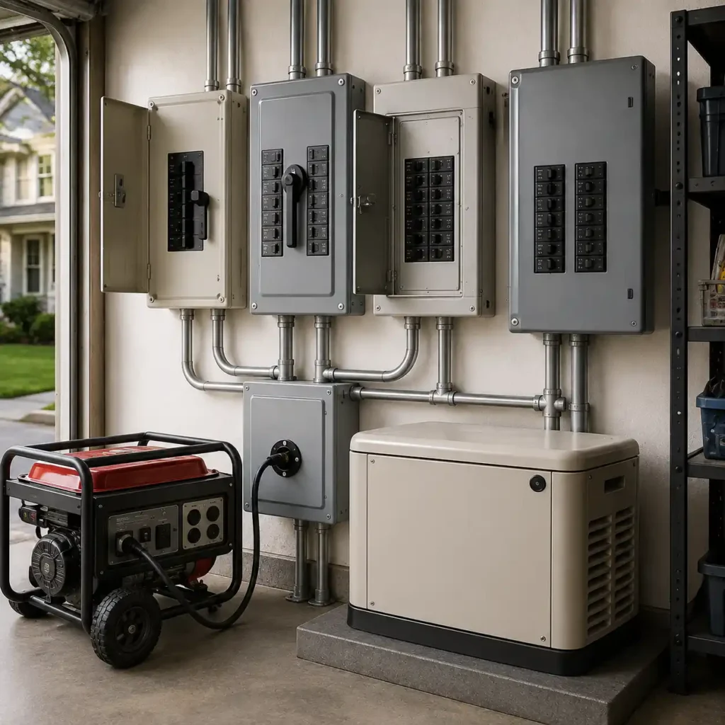 Residential generator transfer switch installation with electrical panels, a portable generator, and a standby generator in a home garage backup power setup.