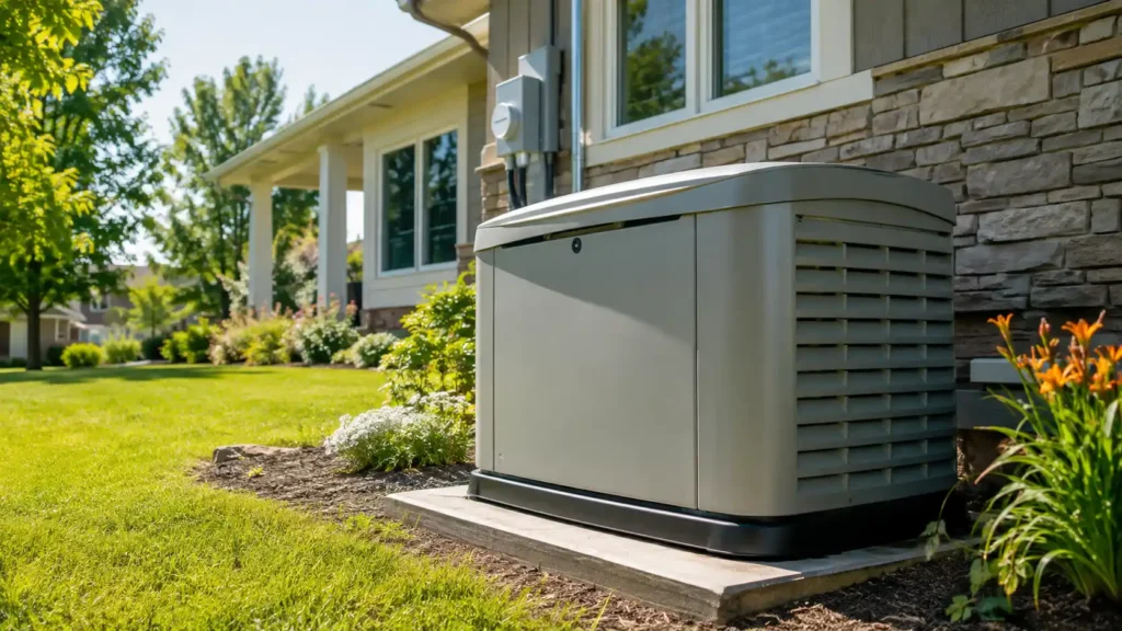 Best whole house backup power system with a modern standby generator installed outside a suburban home on a sunny day.