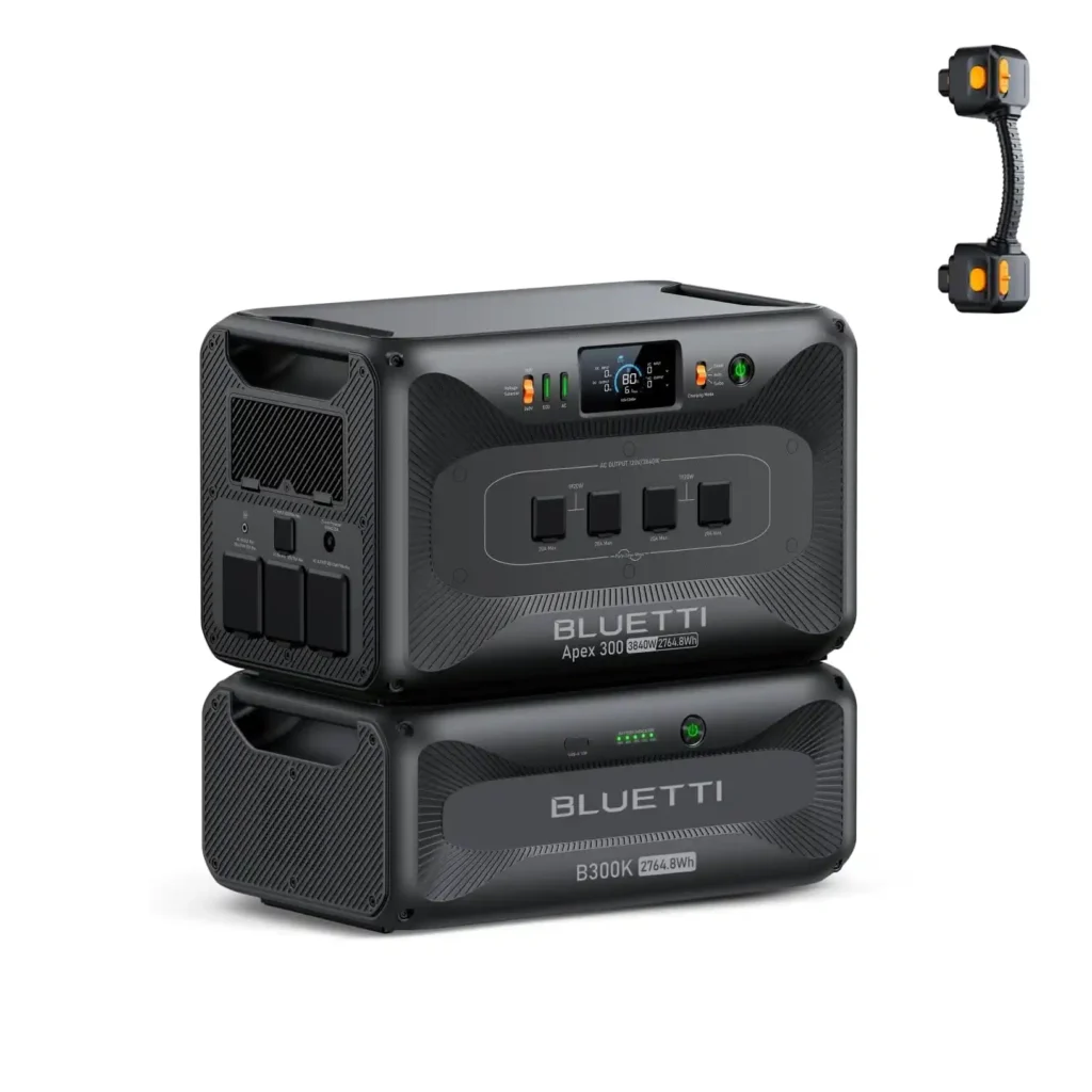 BLUETTI Apex 300 portable power station with B300K expansion battery configured as a modular whole house backup power system.