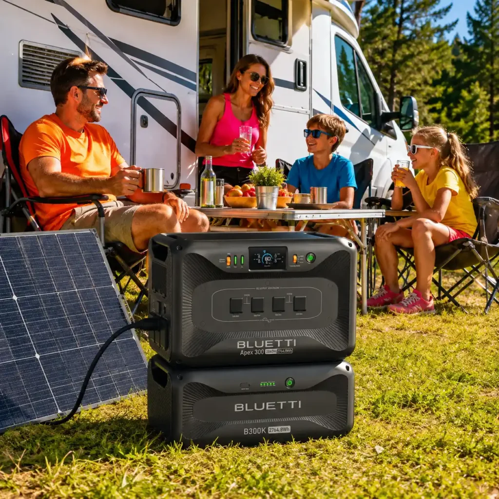 BLUETTI Apex 300 power station with B300K expansion battery and portable solar panel providing backup power for a family at an RV campsite.