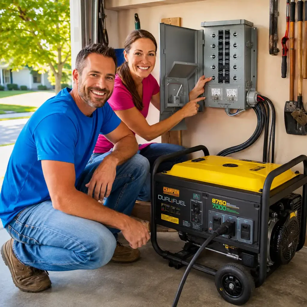 Connecticut Electric EmerGen Transfer Switch Kit installed in a residential garage and connected to a portable generator during a home backup power setup with homeowners operating the system.
