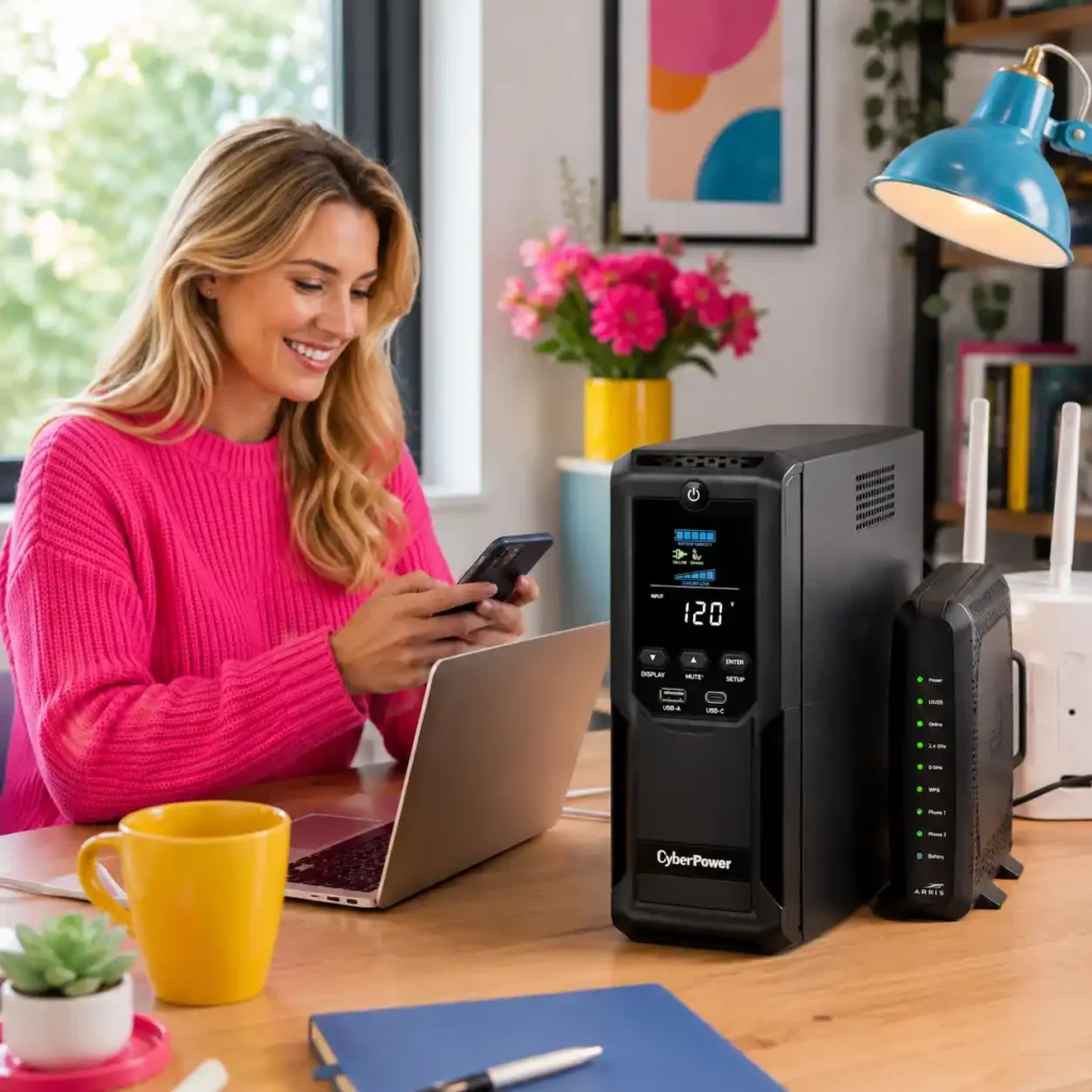 CyberPower CP1350AVRLCD3 Intelligent LCD UPS battery backup system on a bright home office desk next to a broadband modem, Wi-Fi router, laptop, smartphone, and remote-work networking setup in a realistic residential workspace environment.
