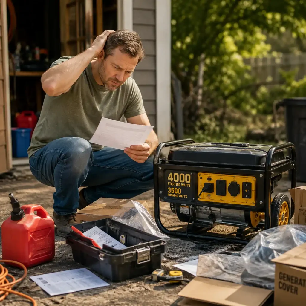 Portable generator in a residential yard with a homeowner reviewing its specifications and setup