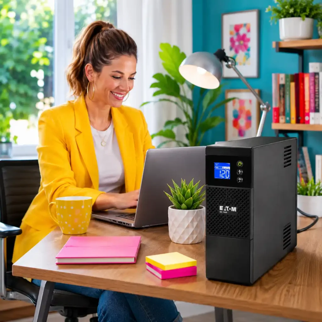 Eaton 5S1500LCD UPS battery backup system on a bright modern home office desk next to a laptop, monitor, notebook, desk lamp, and productivity accessories in a realistic workspace environment.