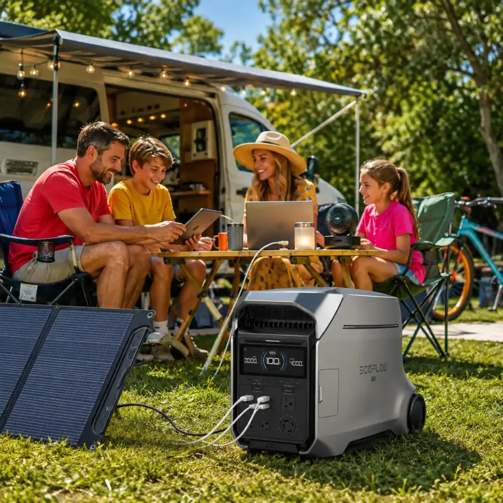 EcoFlow DELTA Pro 3 home battery backup system powering household devices at a modern home with rooftop solar panels while a family enjoys outdoor living.