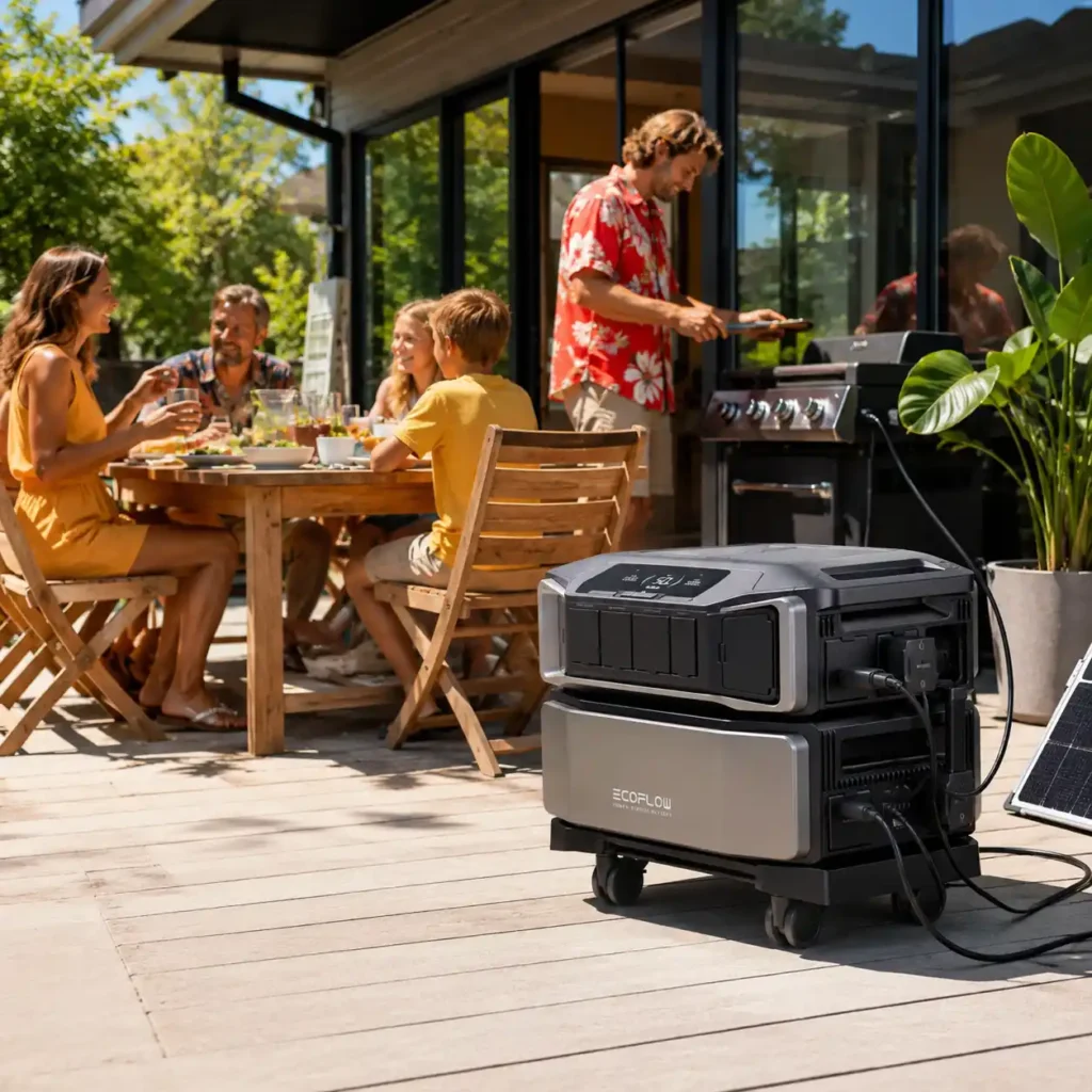EcoFlow DELTA Pro Ultra home battery backup system powering outdoor appliances during a family gathering at a modern home with solar energy support.