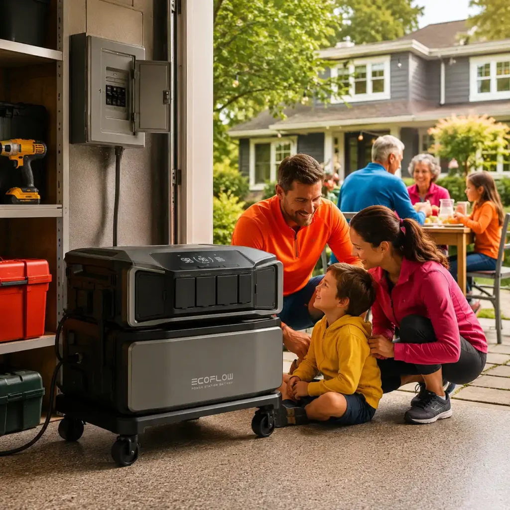 Family using the EcoFlow DELTA Pro Ultra whole house backup power system outside a modern home during a power outage.